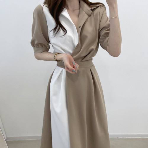 Korean chicc summer French niche lapel design contrasting color stitching one button waist short-sleeved dress