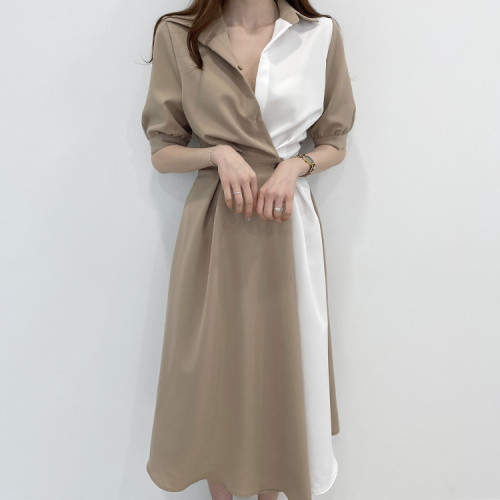 Korean chicc summer French niche lapel design contrasting color stitching one button waist short-sleeved dress