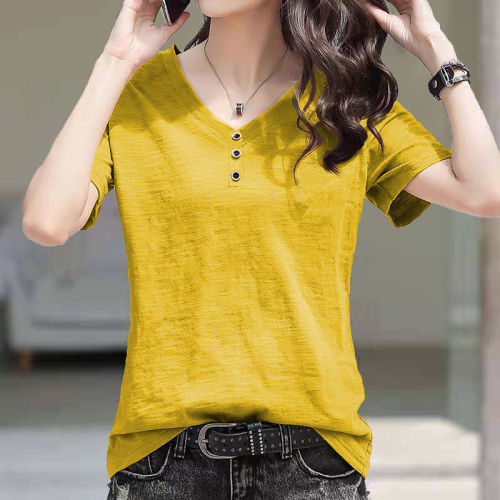 2024 new 100% cotton Internet celebrity same style bamboo cotton V-neck button short-sleeved T-shirt women's loose large size top