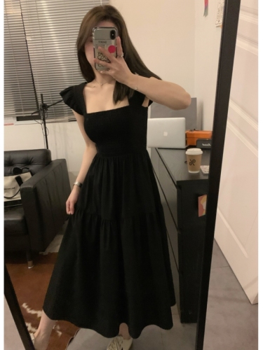 Viiwen Super Slim Heavy Industry Small Flying Sleeves Double-sided Cable Paper Man Black Long French Hepburn Dress