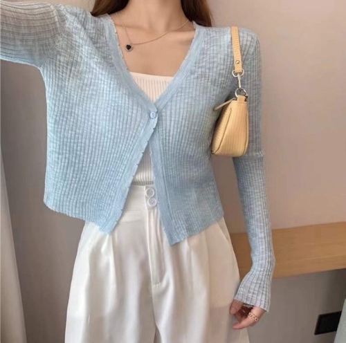 Imitation linen v-neck loose outer wear short sun protection air-conditioning long-sleeved thin knitted top