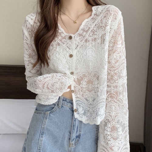 2024 New Retro French Long Sleeve Lace Shirt Korean Style Crochet Hollow Pullover Long Sleeve Women