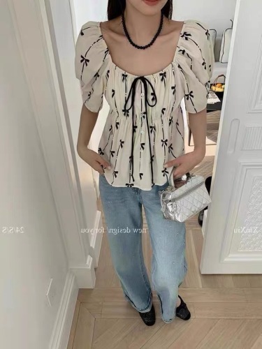 Puff short-sleeved shirt for women 2024 summer new style color-blocked bow tie pleated pullover square collar fashion top