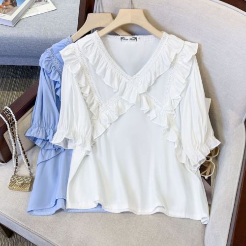 Very cute and sweet ruffled chiffon blouse for women, short-sleeved design, scheming v-neck top, fashionable blouse