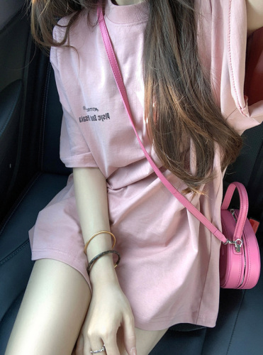 National trend brand pink right shoulder short-sleeved T-shirt for women summer loose oversize lazy style bf casual versatile top