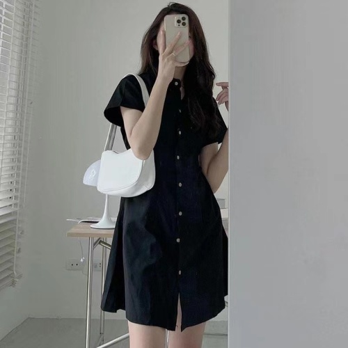 Korean chic summer simple temperament lapel single-breasted waist slimming short-sleeved shirt-style petite dress