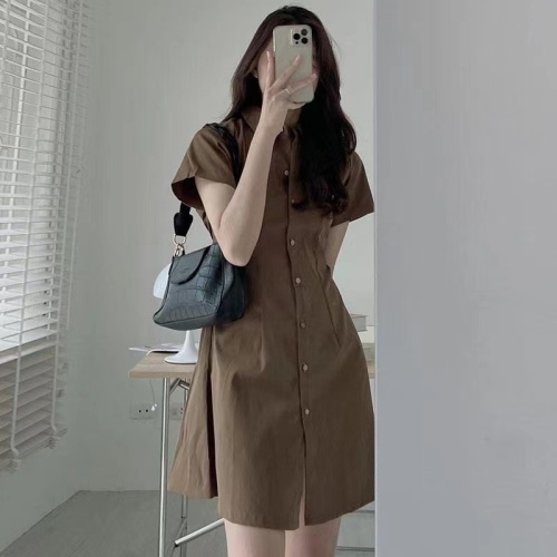 Korean chic summer simple temperament lapel single-breasted waist slimming short-sleeved shirt-style petite dress