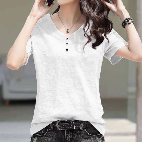 2024 new 100% cotton Internet celebrity same style bamboo cotton V-neck button short-sleeved T-shirt women's loose large size top