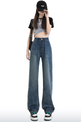 2024 spring high-waisted straight jeans for women, narrow wide-leg pants for small people, slimming and taller straight-leg pants
