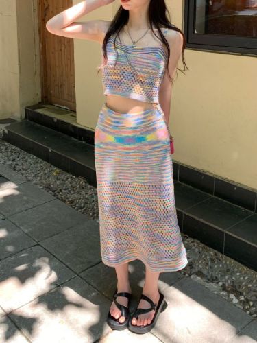 SEOUL rainbow stripe design niche temperament suspender top women's salty or sweet knitted suit skirt summer