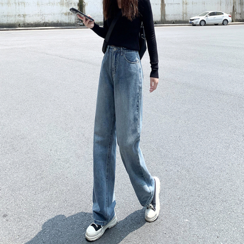 Real shot of retro small tall straight slim slim and drapey loose high-waisted wide-leg pants floor-length denim trousers for women