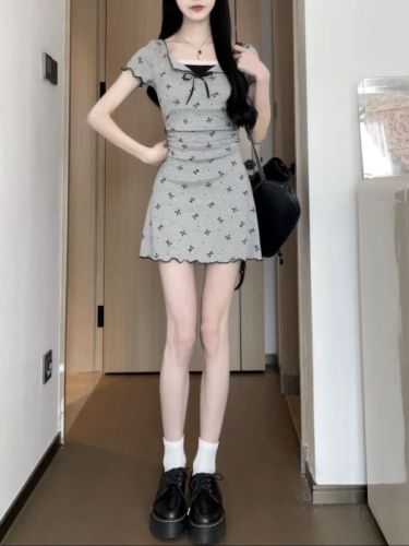 Matsumoto's mourning girly fake two-piece knitted bow A-line skirt, short-sleeved skirt, long and short styles