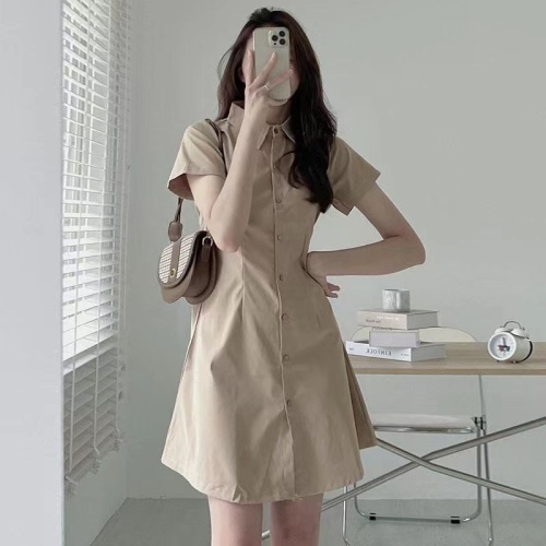 Korean chic summer simple temperament lapel single-breasted waist slimming short-sleeved shirt-style petite dress