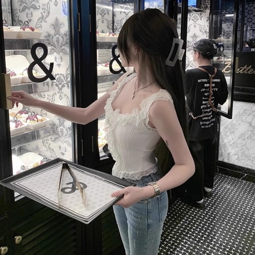 Wuuus Oxygen Soda Lace Sleeveless Vest Women's Summer New Pure Lust Style Knitted Sweater Top Outerwear