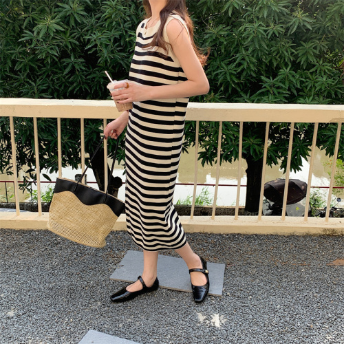 Actual new model ~ 2024 striped sleeveless temperament slim long skirt knitted vest dress for women