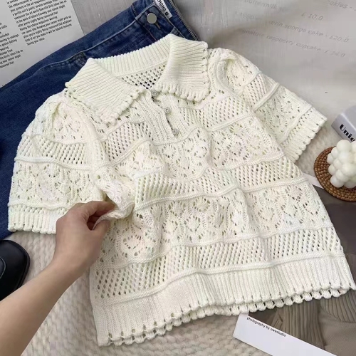 2023 Hollow White Polo Neck Knitted Top Loose Thin Handmade Crocheted Knitted Sweater