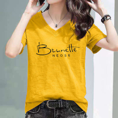 100% pure cotton 2023 new internet celebrity same style bamboo cotton V-neck T-shirt women's short-sleeved Korean style loose large size top