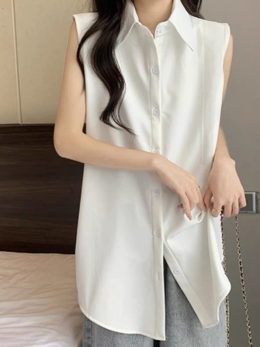 Large size fat MM design sleeveless shirt vest for women spring and summer 2024 new medium and long loose bottoming shirt top