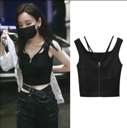 Star Yu Wenwen's same sweet and spicy suspender short chic vest top topstitched personalized jeans suit
