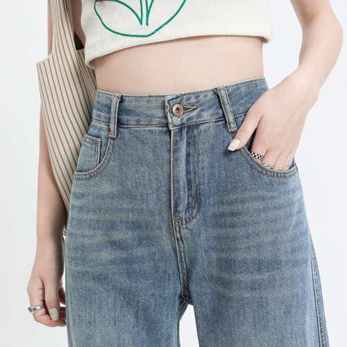2024 spring high-waisted straight jeans for women, narrow wide-leg pants for small people, slimming and taller straight-leg pants