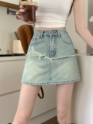 With lining ~ Large size design high waist solid color raw edge denim skirt for women summer slimming hip-hugging A-line short skirt