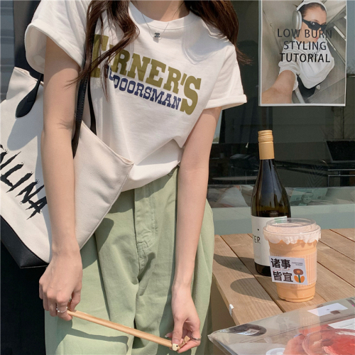 Large size 300 pounds pure cotton bm Korean style bottoming shirt with foreign style cartoon print age-reducing tee top short-sleeved T-shirt