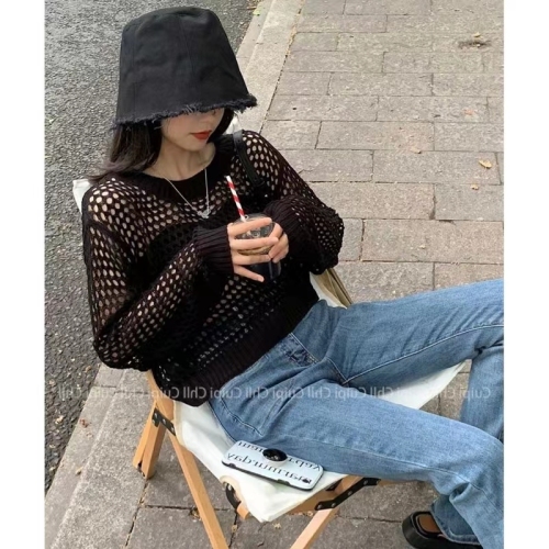 Celebrities Hall Hollow Knitted Sweater Women's Summer Thin 2022 New Hot Style Loose Long Sleeve Top with Sun Protection Blouse
