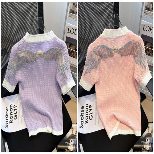 Autumn and winter base layer 2024 good quality angel wings sweater short-sleeved round neck top GLYP internet celebrity same style