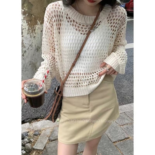 Celebrities Hall Hollow Knitted Sweater Women's Summer Thin 2022 New Hot Style Loose Long Sleeve Top with Sun Protection Blouse