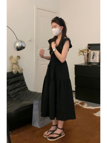 Viiwen Super Slim Heavy Industry Small Flying Sleeves Double-sided Cable Paper Man Black Long French Hepburn Dress