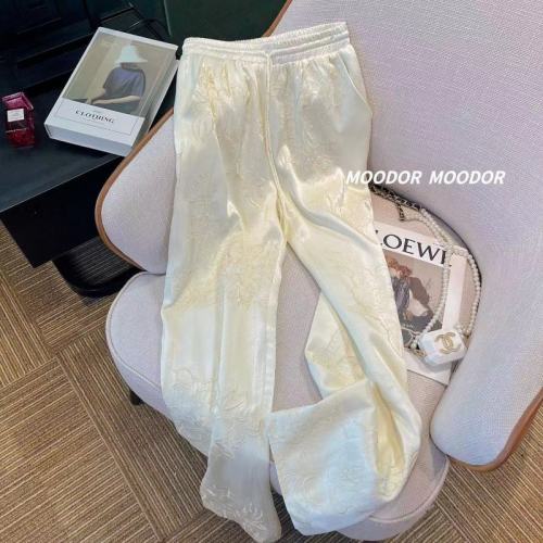 Satin embroidery retro Chinese style high waist casual pants for women white summer high waist loose straight wide leg trousers
