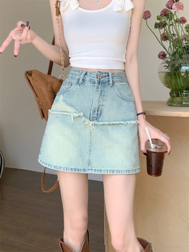 With lining ~ Large size design high waist solid color raw edge denim skirt for women summer slimming hip-hugging A-line short skirt
