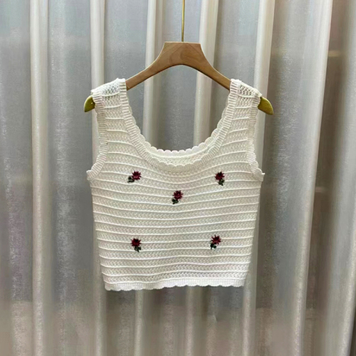 Hollow crochet embroidery thin core-spun yarn knitted camisole with bottoming short square-neck sleeveless top