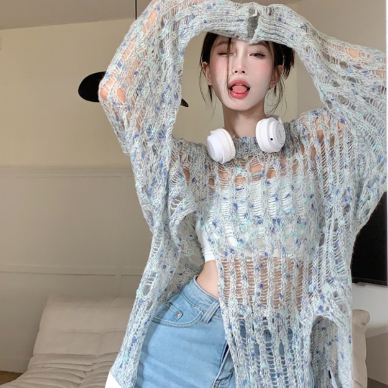 Pure lust hottie knitted long-sleeved sun protection blouse with hollow design, irregular high waist and slits, loose and slimming top