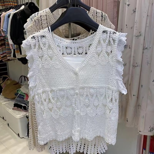 Lace crocheted flying sleeve sweater sleeveless top women's summer thin outer vest cardigan 2024 new style