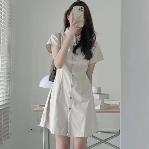 Korean chic summer simple temperament lapel single-breasted waist slimming short-sleeved shirt-style petite dress