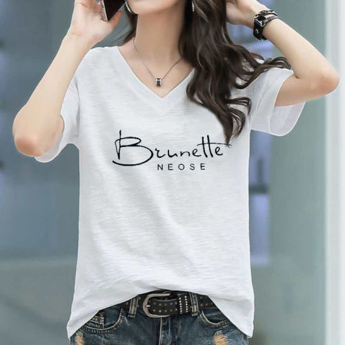 100% pure cotton 2023 new internet celebrity same style bamboo cotton V-neck T-shirt women's short-sleeved Korean style loose large size top
