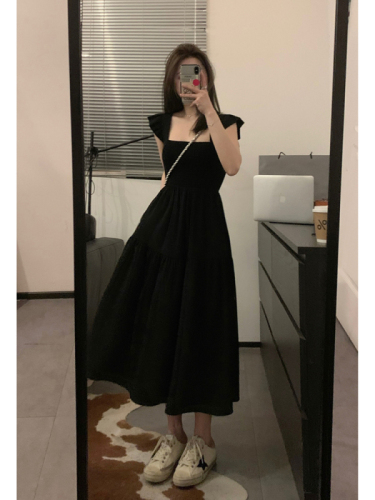 Viiwen Super Slim Heavy Industry Small Flying Sleeves Double-sided Cable Paper Man Black Long French Hepburn Dress