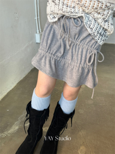 Spring new style~Korea ins thread elastic ruffle drawstring bow pleated skirt base skirt skirt
