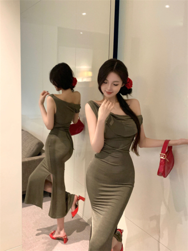 Real shots and real prices ~ Summer temperament swing collar sleeveless waist strap dress slim fit slit sexy hip-covering long skirt
