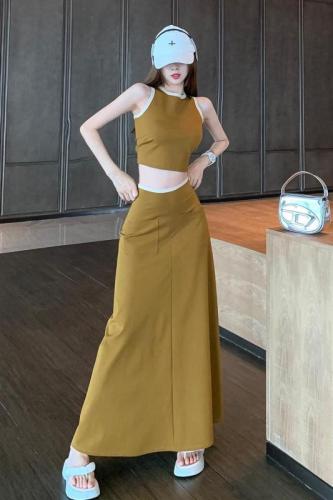 Casual suit for hot girls with contrasting color sleeveless vest summer niche skirt A-line long skirt two-piece set