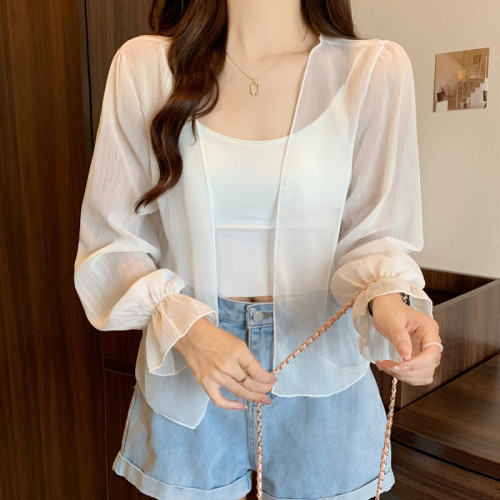 Quality inspection real shot sun protection clothing women's cardigan thin small outer trumpet long-sleeved waistcoat blouse shawl