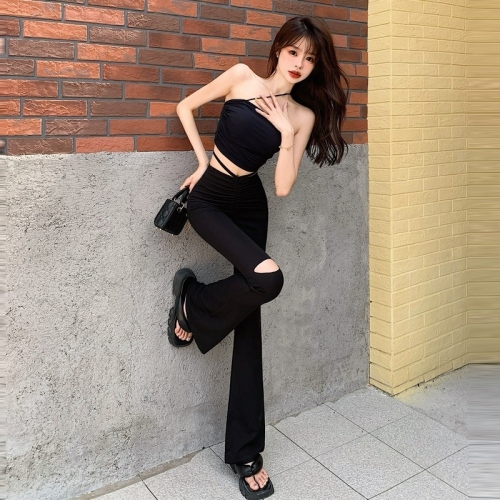 Fashionable strappy suit pants for women, designer hollow high-waisted pants, elastic tight-fitting ripped casual floor mopping pants