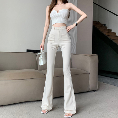 Tall, elongated, slightly flared suit trousers for women, summer thin, hip-raising, high-waisted, elastic, slim, casual, floor-length flared trousers