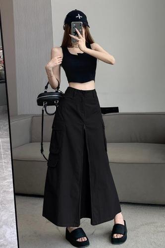 Early autumn personality, handsome workwear skirt, women's summer niche sweet and cool style, high waist, slimming and versatile A-line long skirt