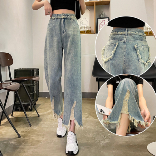 Ripped jeans for women, straight-leg summer thin design, nine-point, old-fashioned tassel slit slim pants for small people