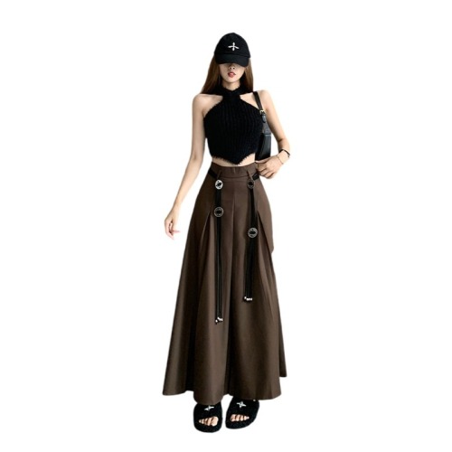 Fashionable new autumn niche design dark high-end skirt with retro belt A-line version slimming long skirt