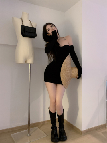 Actual shot and real price ~ one-shoulder pure lust style tube top dress for women, black hot girl sleeves, tight hip-hugging short skirt