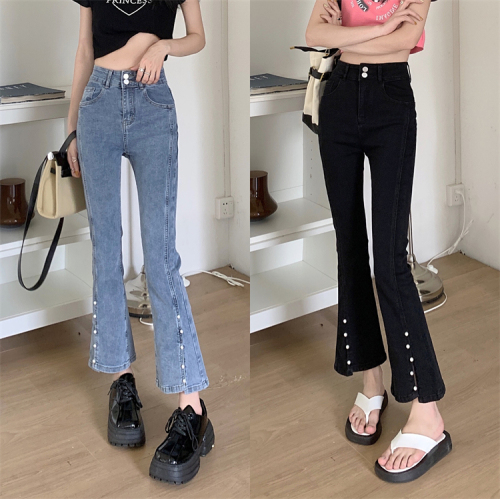 Slit nine-point bootcut jeans for women spring and autumn 2024 new fashion high-waisted slimming wide-leg pants ins