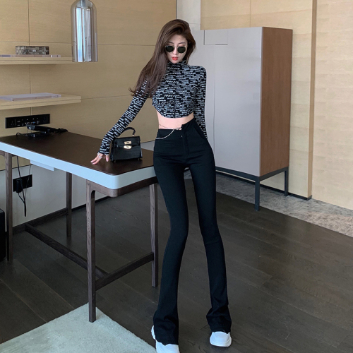 Actual shot of 2024 new black asymmetrical bell-bottom pants for women, high-waist casual, floor-length mopping horseshoe pants